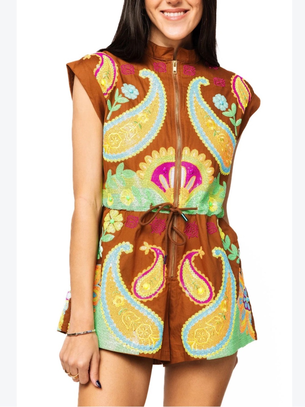 QUEEN OF SPARKLES Brown Embroidered Paisley Romper with Bright Accents